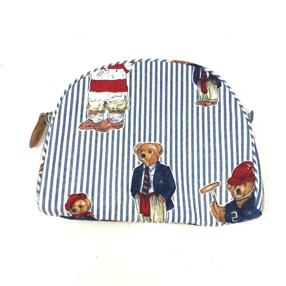 Vintage Ralph Lauren Polo Bear Cosmetic Bag Blue Striped Fabric Pouch